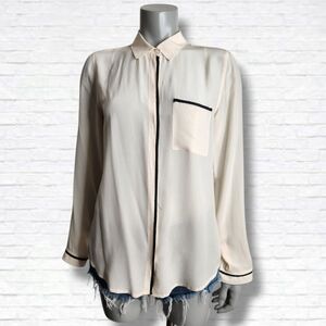 Club Monaco Silk Cream Button Down Sheer Blouse With Faux Leather Piping Size M